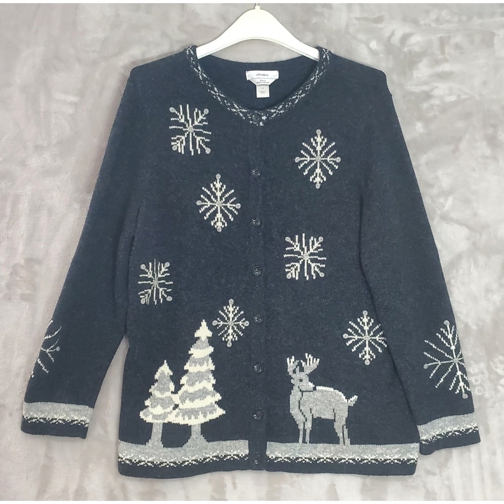 CJ Banks Christmas Cardigan Women Plus 1X Snowflake Hand Embroidered Sweater